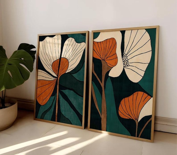 Abstract Botanical Art Floral Set of 2 Modern Flower Wall Art Botanical Bedroom Print Modern Home Decor Mid Century Print Retro Wall Art