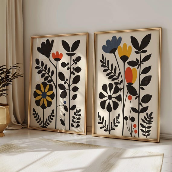 Scandinavian Art Norwegian Folk Art Floral Print Set of 2 Nordic