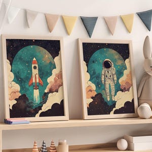 Arte de cohete para niño, tema espacial, arte de pared para dormitorio infantil, arte de aventura, póster planetario para niños, impresiones para habitación infantil, arte para niños