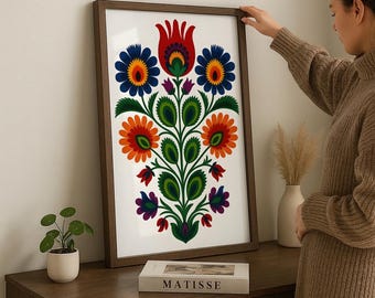 Estampe florale d'art populaire polonais | Décoration murale florale Lowicz