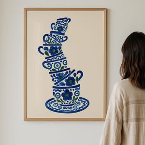 Polish Folk Art Cups Print, Blue Kitchen Wall Art, Włocławek Poster, Polskie Plakaty