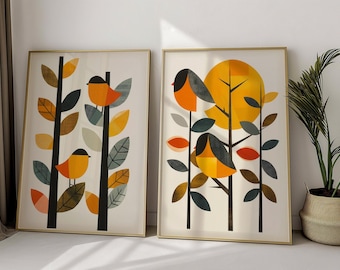 Skandinavische Kunst Norwegischer Vogel Kunst Blumenvogeldrucke 2er-Set Nordische Wandkunst Schlafzimmer Wohnzimmer Hauscafe Dekor Scandi Wanddrucke