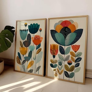 Scandinavian Art Norwegian Folk Art Floral Print Set of 2 Nordic Wall Art Norway Living Room Home Decor Scandi Bedroom Wall Art image 1