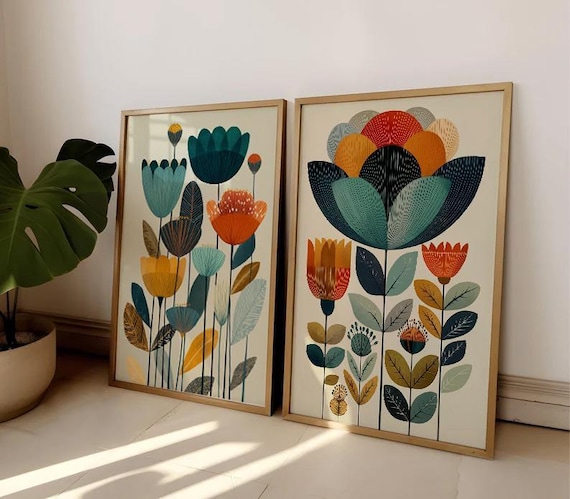 Scandinavian Art Norwegian Folk Art Floral Print Set of 2 Nordic Wall Art Norway Living Room Home Decor Scandi Bedroom Wall Art