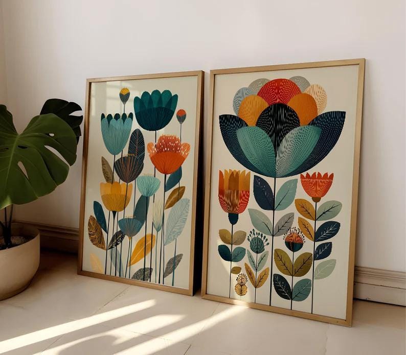 Scandinavian Art Norwegian Folk Art Floral Print Set of 2 Nordic Wall Art Norway Living Room Home Decor Scandi Bedroom Wall Art image 1