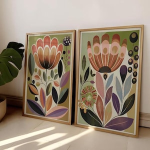 Scandinavian Wall Art Set of 2 Modern Norwegian Folk Art Prints Nordic Floral Decor Maximalist Botanical Print Set for Contemporary Homes