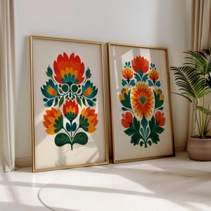 Scandinavian Folk Art Norwegian Wall Art Floral Print Set of 2 Nordic Prints Scandi Wall Art Flat Flower Art Bedroom Print Scandi Home Decor