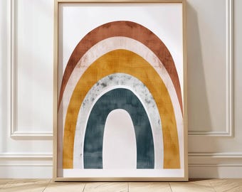 Arte de pared de arcoíris escandinavo, impresión minimalista para guardería, póster de arcoíris neutro para habitación infantil, decoración bohemia para bebés, arte de arcoíris imprimible