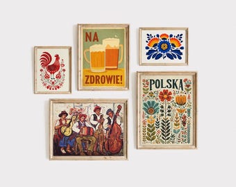 Arte popular polaco, conjunto de 5 piezas tradicionales, decoración de pared Wycinanki, arte vintage polaco, decoración bohemia, póster de Polska, arte mural polaco
