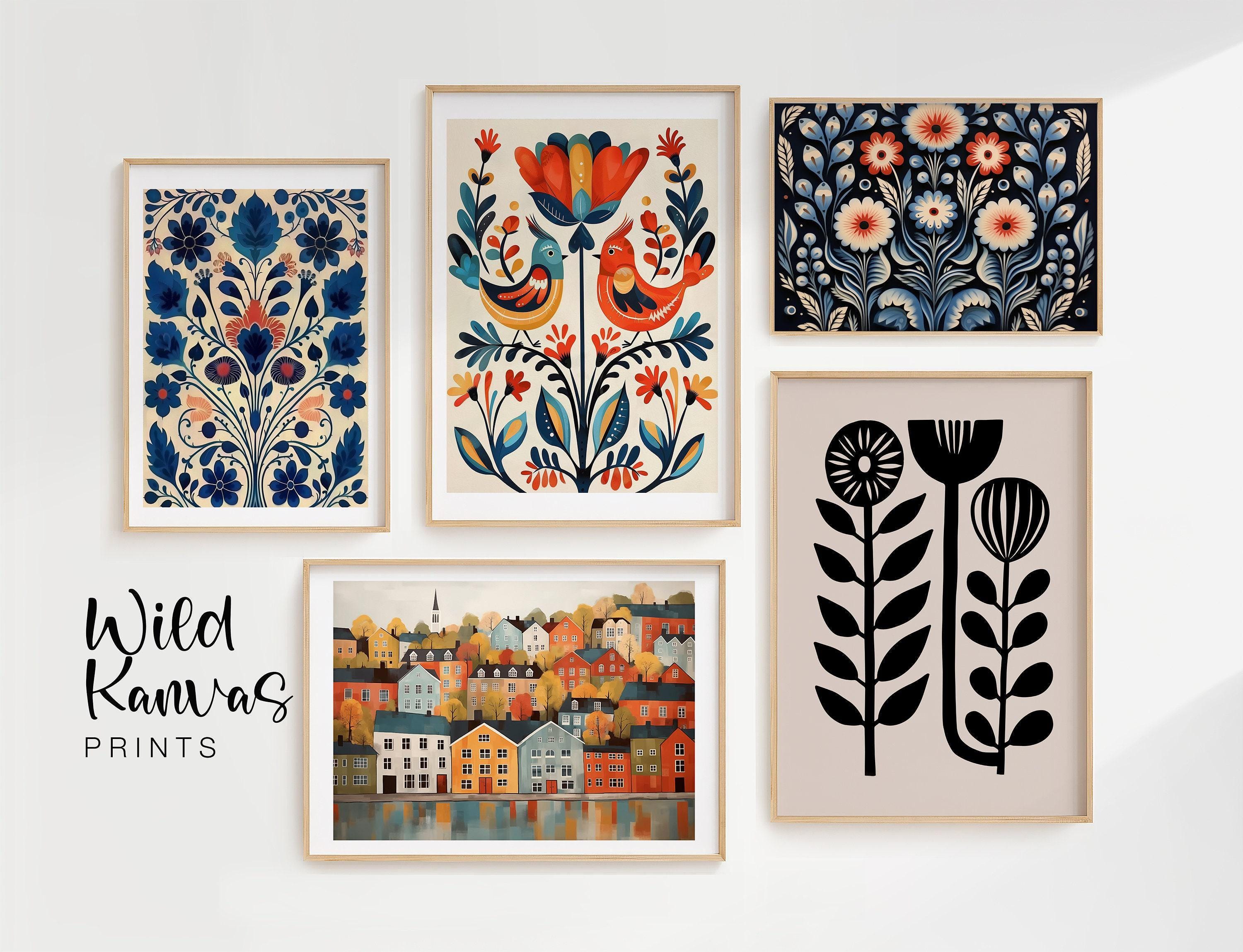 Scandinavian Folk Art Floral Bird Print Nordic Art Gallery Living