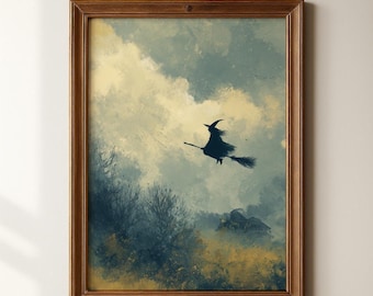 Witchy Wall Art, Halloween Print, Flying Witch Poster, Spooky Home Decor, Halloween Art