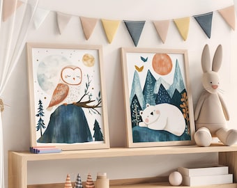 Scandinavian Nursery Art Set Of 2 Nordic Style Nursery Prints Woodland Room Decor Art Nursery Forest Animals Wall Art Nordic Owl Wall Art