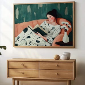 Bücherwurm Wandkunst Frau Lesen Drucken Menschen Wandkunst in Smaragdgrün Gemütliche Leseecke Dekor Literarische Kunst für Buchliebhaber