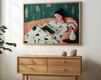 Bookish Wall Art Woman Reading Print People Wall Art in Emerald Green Cozy Reading Corner Decor Literary Art for Book Lovers