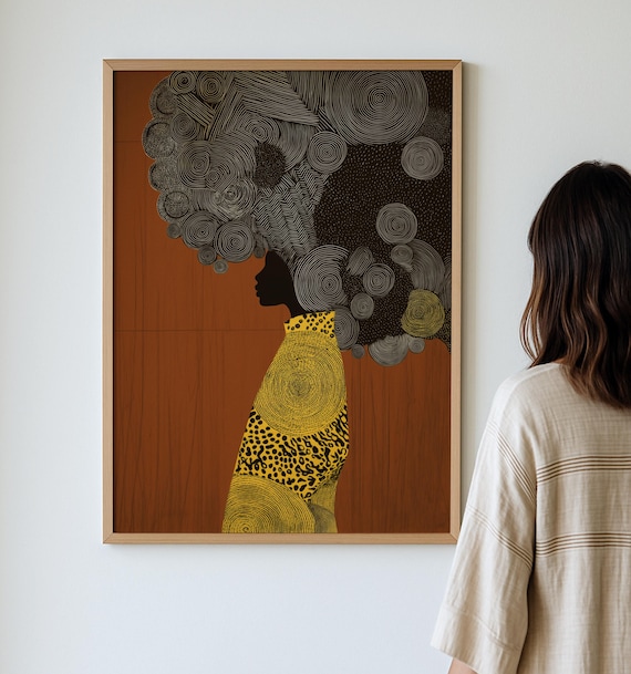 Black Woman Portrait, Modern Afrocentric Decor, African Hair Art, Afro Queen Wall Art