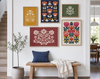 Folk art gallery wall set of 5, scandinavian floral prints, colorful botanical wall art, scandi flower poster set