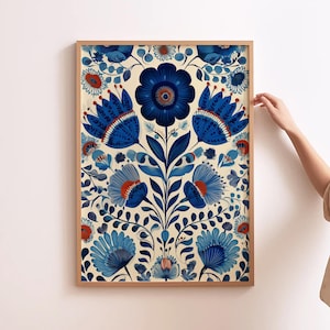 Blue Folk Art Polish Folk Print Scandi Wall Art Folk Living Room Decor Wloclawek Home Decor Blue And White Kitchen Print Blue Wall Art