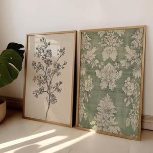 Contemporary Printable Wall Art Set of 2 Prints Vintage Artwork Collection Vintage Tapestry Art Botanical Flower Sketch Green Tapestry Art