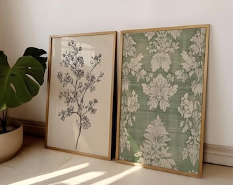 Juego de 2 impresiones de arte de pared imprimible contemporáneo Colección de obras de arte vintage Arte de tapiz vintage Boceto de flores botánicas Arte de tapiz verde