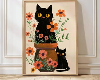 Black Cat Wall Art Printable | Cute Cat and Flower Pot Print | Whimsical Cat Nursery Decor | Digital Cat Artwork | Floral Cat Poster