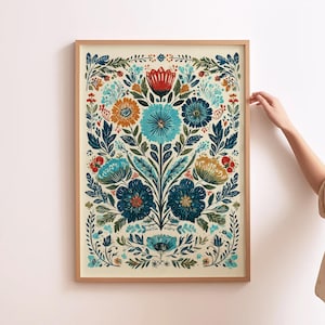 Polsk folkkonst Polska plakater Vintage blommig väggkonst Retro Polen heminredning Traditionell polsk gåva Blå blomtryck Polsk folkkonstdesign bild 1