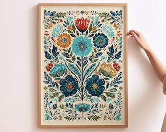 Polish Folk Art Polskie Plakaty Vintage Floral Wall Art Retro Poland Home Decor Traditional Polish Gift Blue Flower Print Polish Folk Design