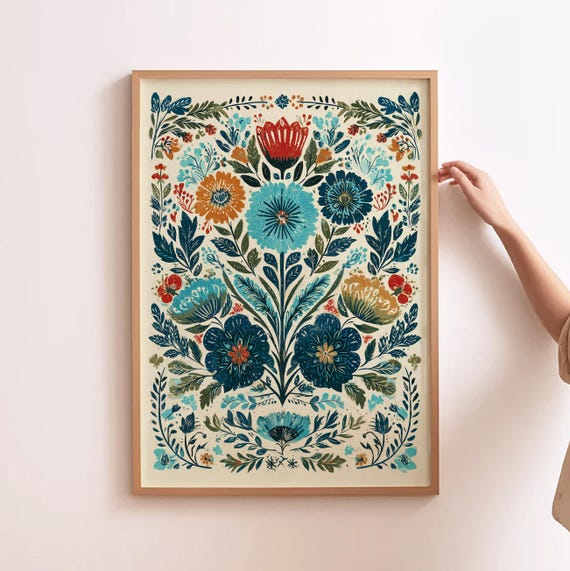 Polish Folk Art Polskie Plakaty Vintage Floral Wall Art Retro Poland Home Decor Traditional Polish Gift Blue Flower Print Polish Folk Design
