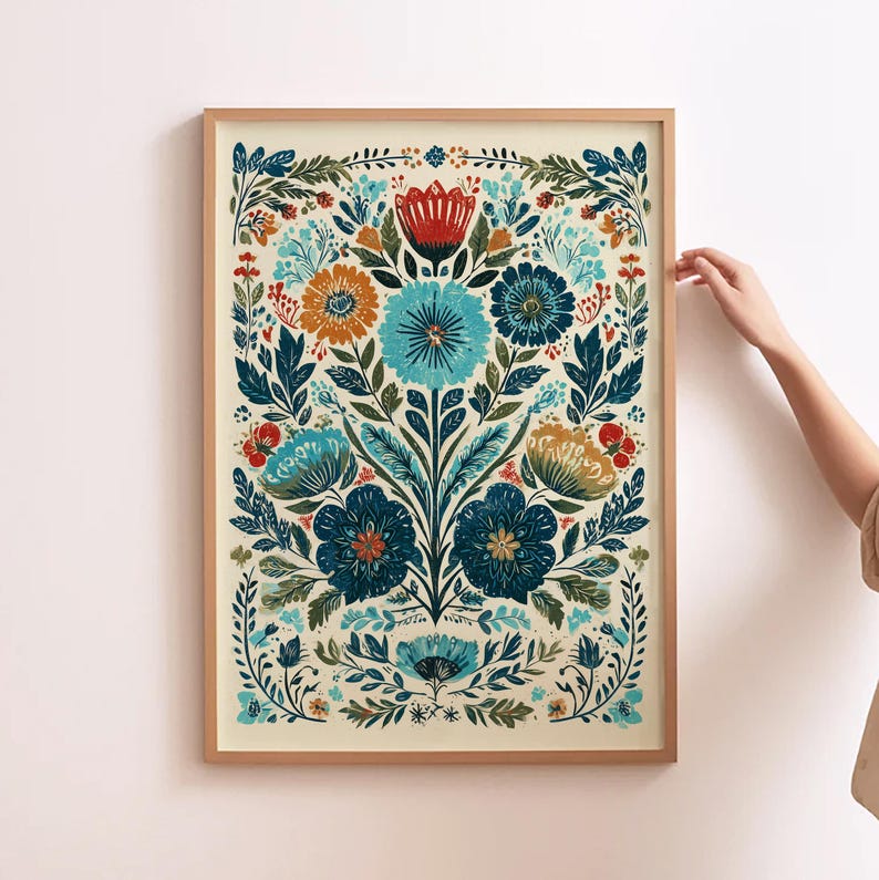 Polsk folkkonst Polska plakater Vintage blommig väggkonst Retro Polen heminredning Traditionell polsk gåva Blå blomtryck Polsk folkkonstdesign bild 1