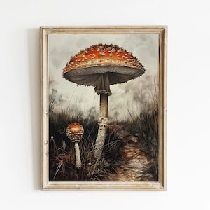 赤いキノコ ダークコテージコアプリント キノコ装飾 ゴブリンコア油絵 ダークムーディアンティークポスター ヴィンテージ植物装飾 ムーディウォールアート