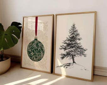 Vintage kerstmuurkunst afdrukbare vakantie kunst set van 2