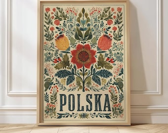 Polska Folk Art Poster Vintage Polish Floral Wall Art Print Retro Poland Home Decor Traditional Polish Gift Poland Home Decor