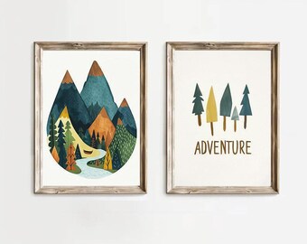 Woodland Nursery Art Prints, Adventure Mountain Forest Watercolor Painting, Kids Room Decor
