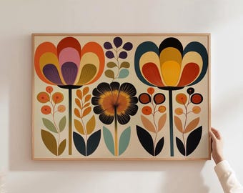 Arte mural escandinavo, estampado botánico popular, arte floral de mediados de siglo, estampado botánico para dormitorio, decoración del hogar bohemia, arte floral retro, estampado escandinavo
