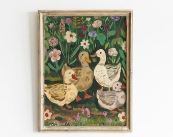 Farmhouse Nursery Prints Vintage Duck Painting Vintage Mother Duck Print Cottagecore Nursery Meadow Painting Farmhouse Wall Decor