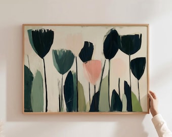 Neutral Floral Art Print Mid Century Tulip Painting Botanical Spring Wall Art Modern Flower Poster Dining Room Wall Decor Printable