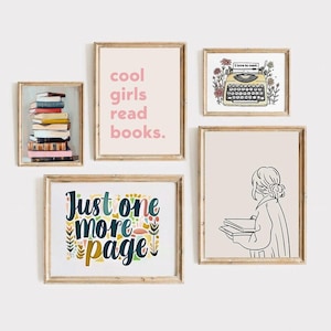 Girls Reading Wall Art Set of 5 Prints Book Lover Printable Decor Kids Reading Corner Artwork Girls Room Reading Nook Poster Set