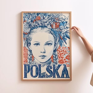 Poland Folk Art Poster Polish Girl with Braids in Traditional Slavic Dress Vintage Style Illustration Polish Wall Print