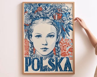 Polsk folkkonstposter Polsk flicka med flätor i traditionell slavisk klädsel Illustration i vintagestil Polsk väggtryck