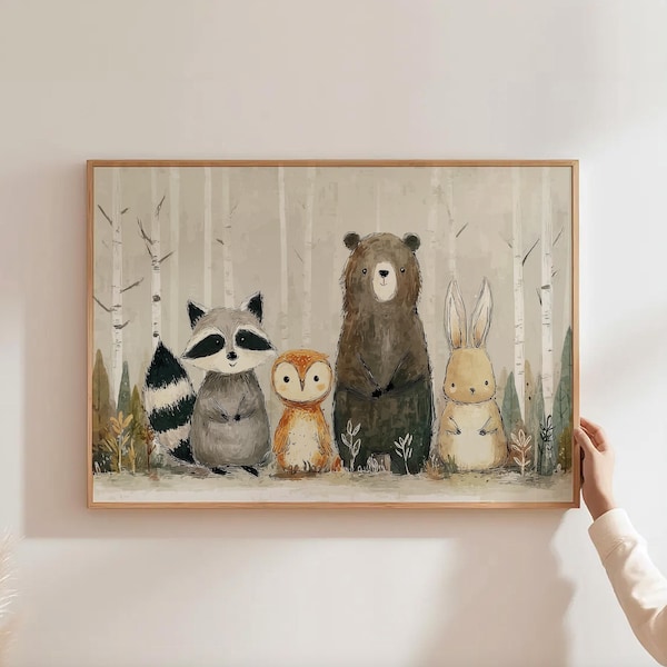 Bos kinderkamer muur kunst bos kinderkamer print bos kinderdagverblijf decor Panoramisch decor dierenkunst voor babykamer natuur kinderkamer kunst