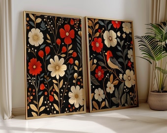 Skandinavische Volkskunst Norwegen Vogeldruck Blumenvogeldruck Küche Wandkunst Skandinavische Schlafzimmer Druck Cafe Dekor Folklore Botanische Kunst