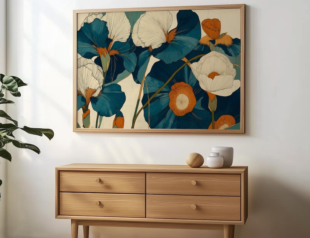 Botanical Wall Art Floral Teal Print Modern Flower Wall Art Abstract ...