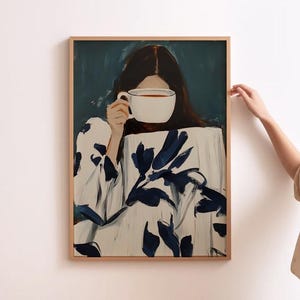 Modern Wall Art Abstract People Print Tea Time Painting Contemporary Artwork Minimalist Print Tea Lover Wall Art Floral Stripe Woman Print