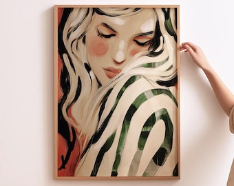 Abstract People Print Modern Woman Painting Striped Wall Art Blonde Woman Art Modern Wall Hanging Contemporary Wall Decor Abstract Woman Art