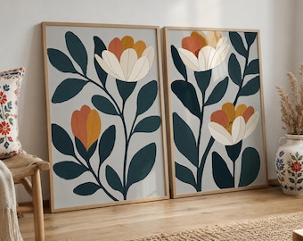 Juego de 2 láminas con estampado floral escandinavo, arte mural botánico en tonos verde azulado, pósteres florales folclóricos modernos, decoración para el hogar ecléctica y atrevida.