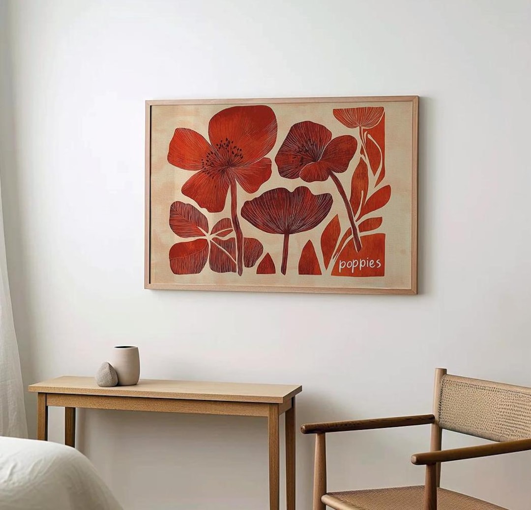 Poppy Print Botanical Wall Art Modern Poppy Poster Bright Red Poppy Art ...