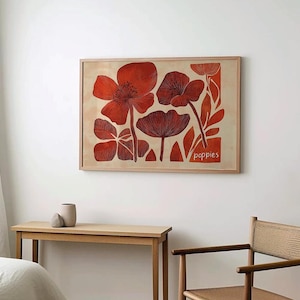 Poppy Print Botanical Wall Art Modern Poppy Poster Bright Red Poppy Art Bedroom Flower Decor Contemporary Poppy Print Red Kitchen Art