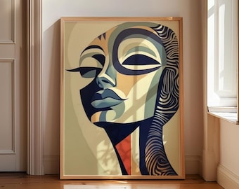 Abstract Art Women&#39;s Face Art Beige On Black Print Matisse Inspired, Minimal Art Modern Wall Hanging Contemporary Decor Sage Green Art