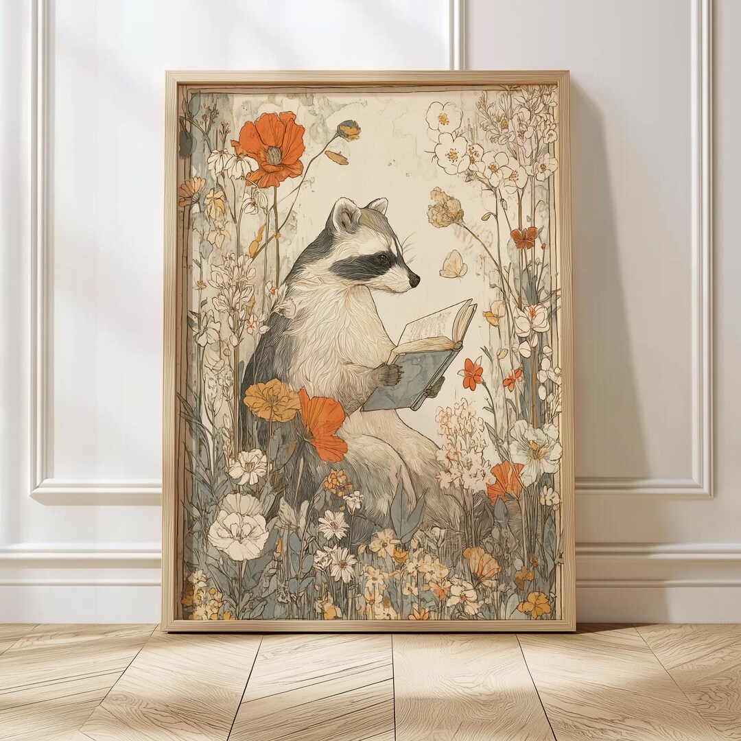 Farmhouse Racoon Wall Art Folk Nursery Print Vintage Racoon Poster ...