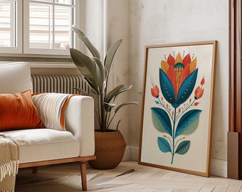 Scandinavian Floral Wall Art Colorful Botanical Poster Bright Flower Artwork Retro Mid Century Modern Home Decor Colorful Wall Print