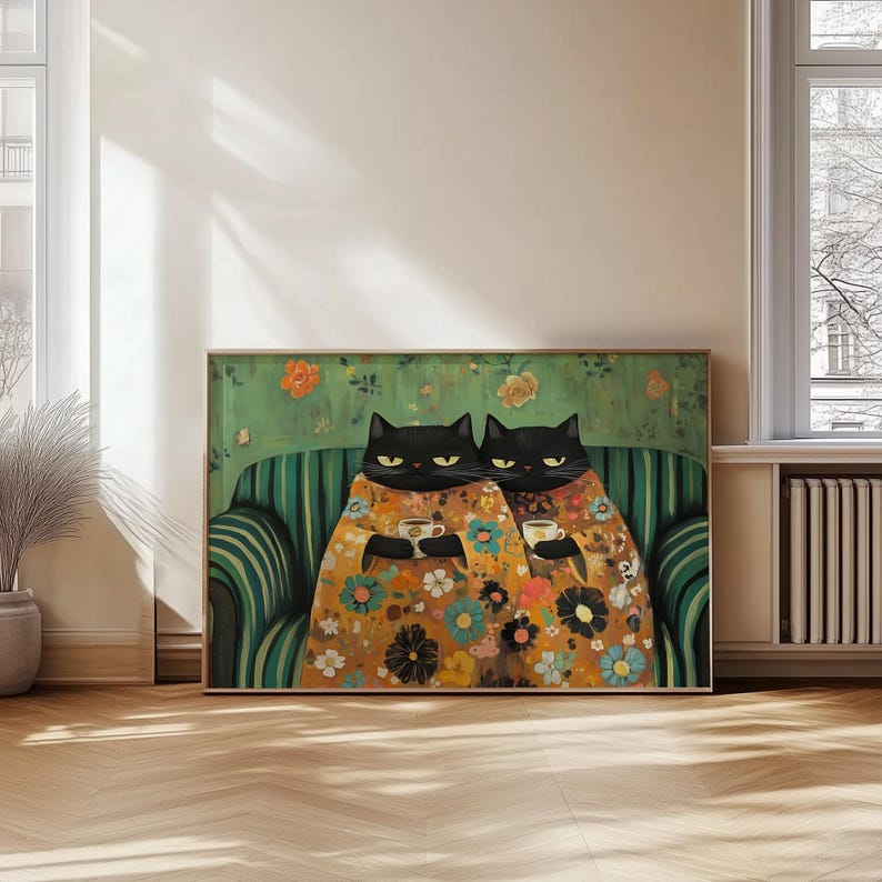 Black Cat Art Funny Cat Prints Grumpy Cat Print Cat Drinking Coffee Cat Lover Wall Art Funny Cafe Art Dark Green Wall Decor Funny Coffee Art image 3